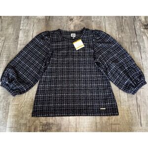 Anne Klein Tweed Puff Sleeve Top Black White Plaid Balloon Sleeve Blouse NWT